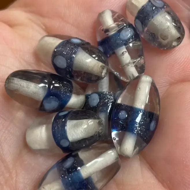 8 Vintage Blue Clear Striped Oval Glass Beads
