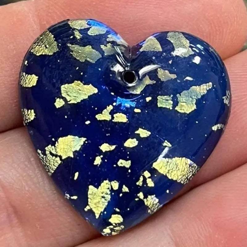 1 Vintage Blue Czech Foil Heart Glass Pendant