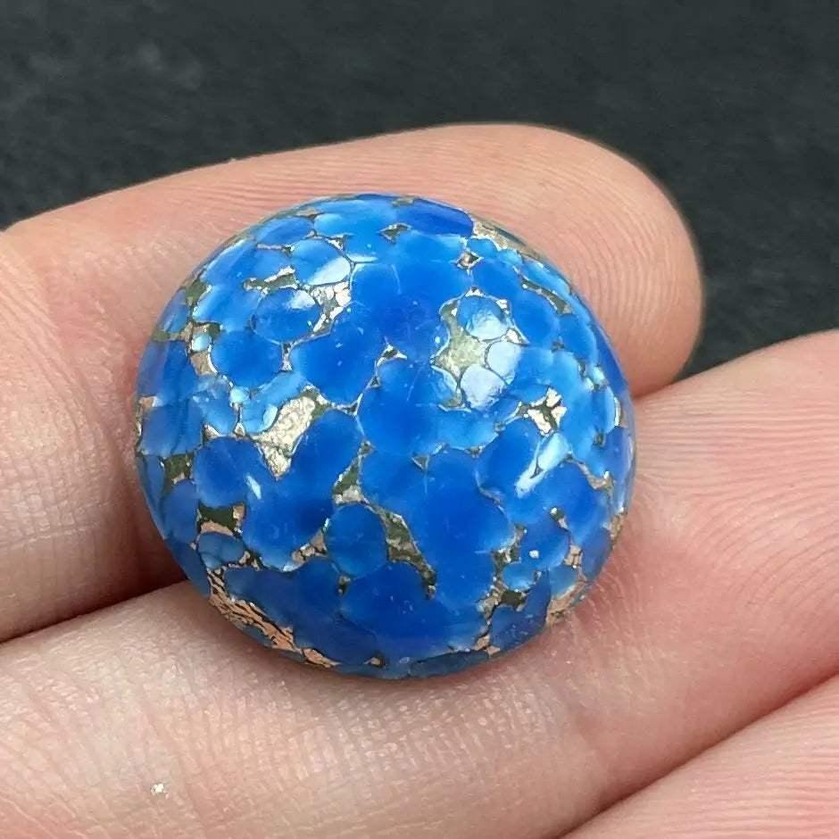 2 Vintage Blue Gold German Foil Round Glass Cabochons