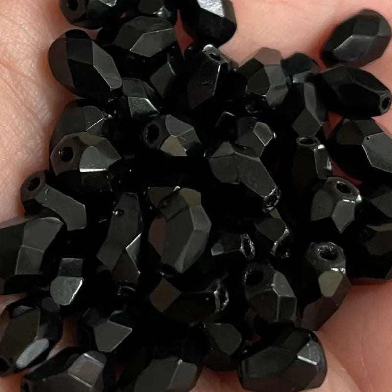 50 Vintage Black Faceted Teardrop Glass Beads