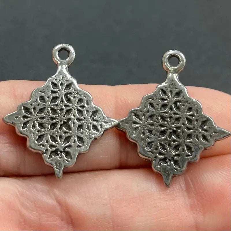 4 Vintage Silver Pewter Orchid Mandala Metal Pendants