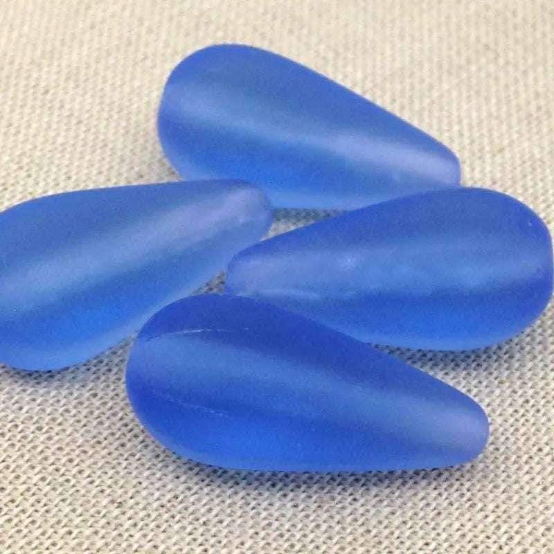 4 Vintage Blue Sapphire Czech Matte Teardrop Glass Beads