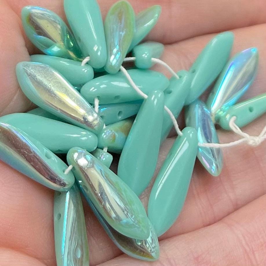 25 Green Teal AB Czech Dagger Glass Beads