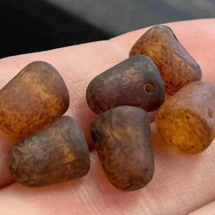 6 Matte Amber Picasso Czech Gumdrop Glass Beads