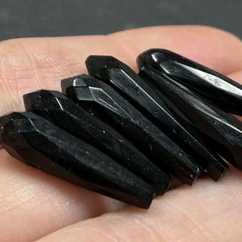 6 Vintage Black Faceted Teardrop Glass Pendants