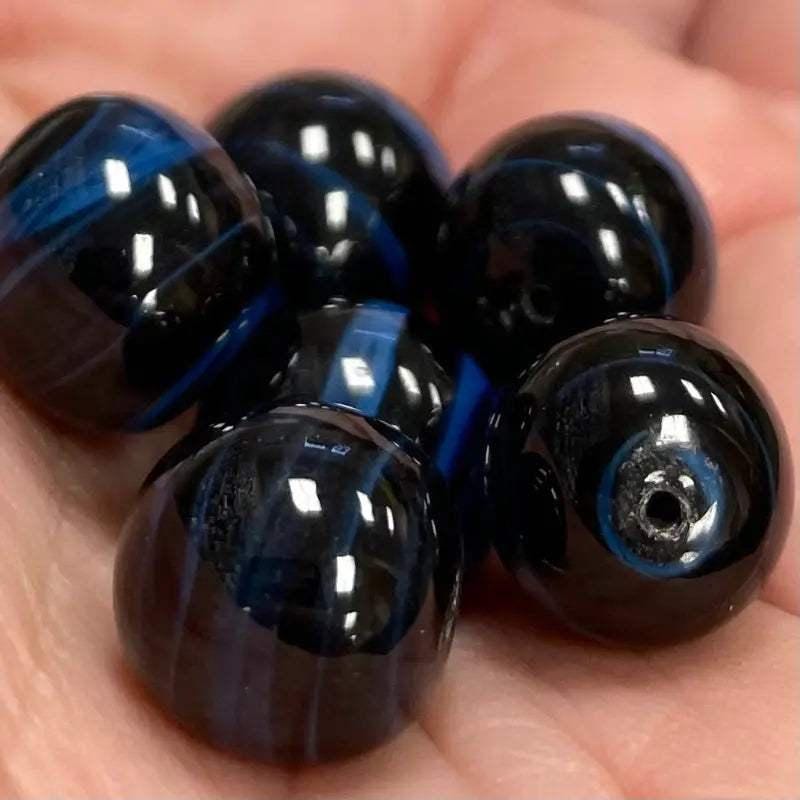 6 Vintage Black Blue Japan Striped Round Glass Beads