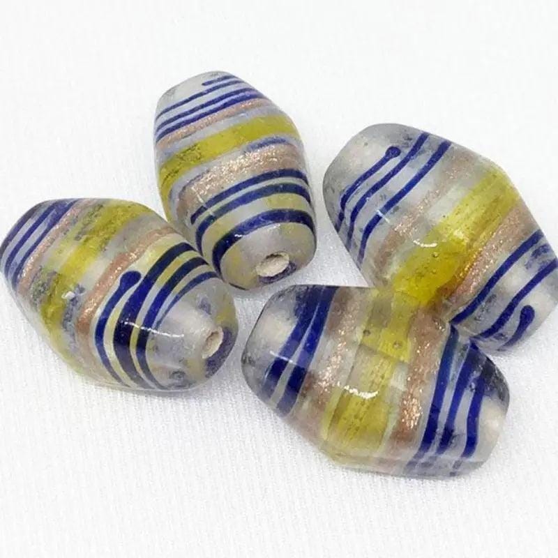 4 Vintage Clear Blue Yellow Striped Glass Beads