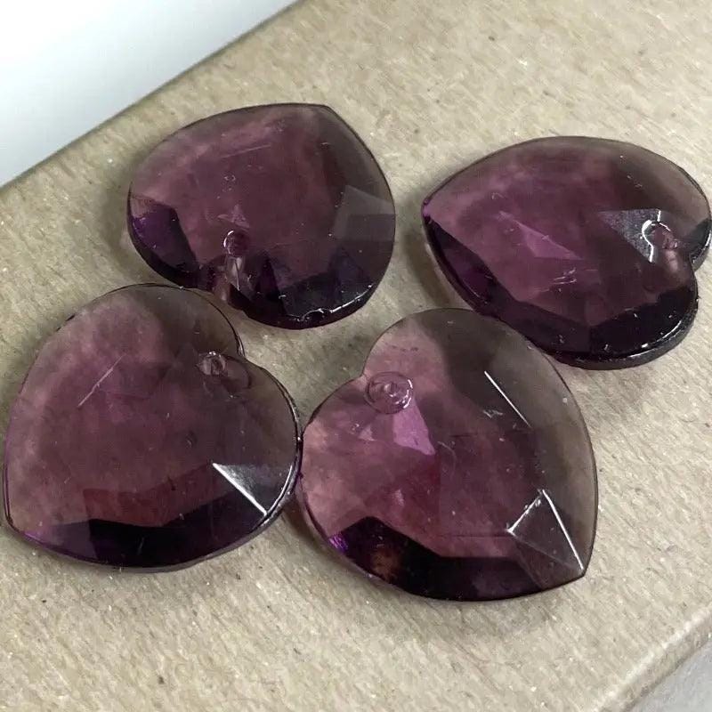 4 Vintage Purple Amethyst Faceted Glass Heart Pendants
