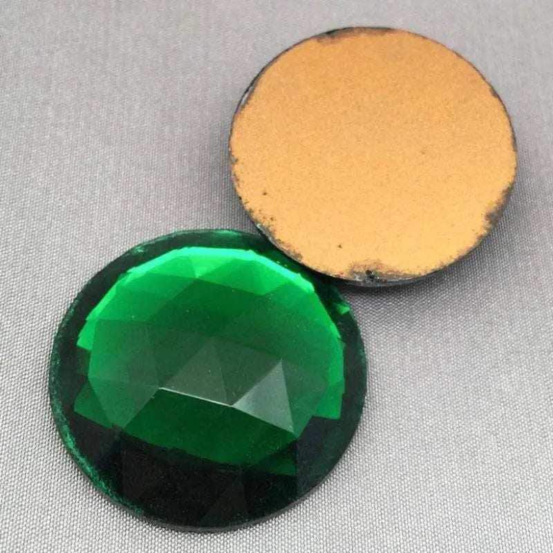 2 Vintage Green German Faceted Round Glass Cabochons
