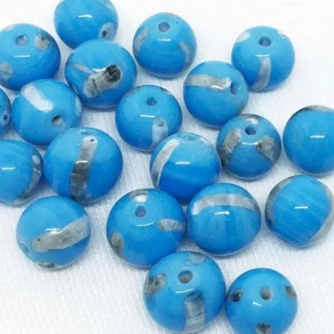 20 Vintage Blue Turquoise Silver Striped Round Glass Beads