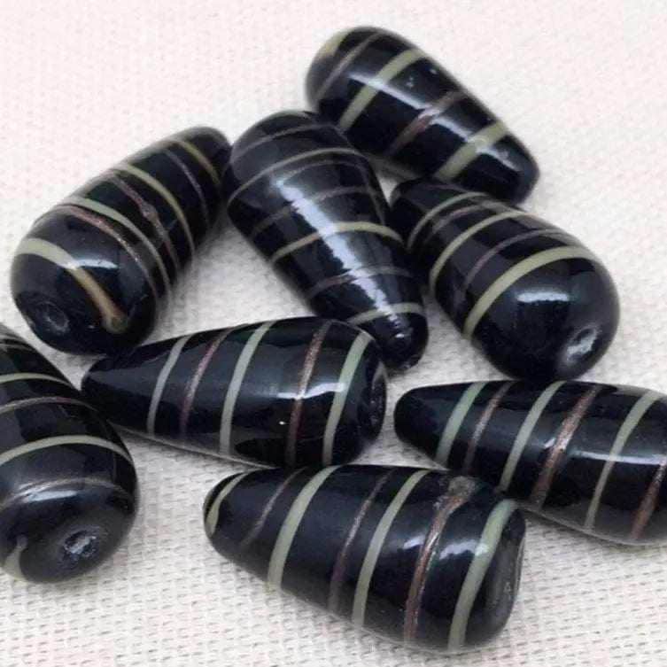 8 Vintage Black Green Aventurine Striped Teardrop Glass Beads