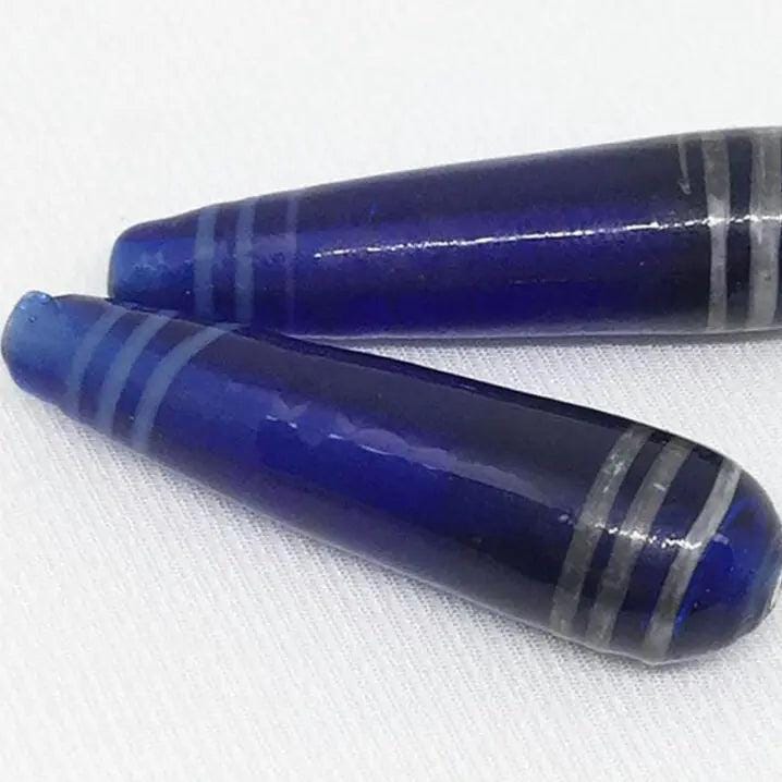 4 Vintage Blue Cobalt Striped Large Teardrop Glass Beads