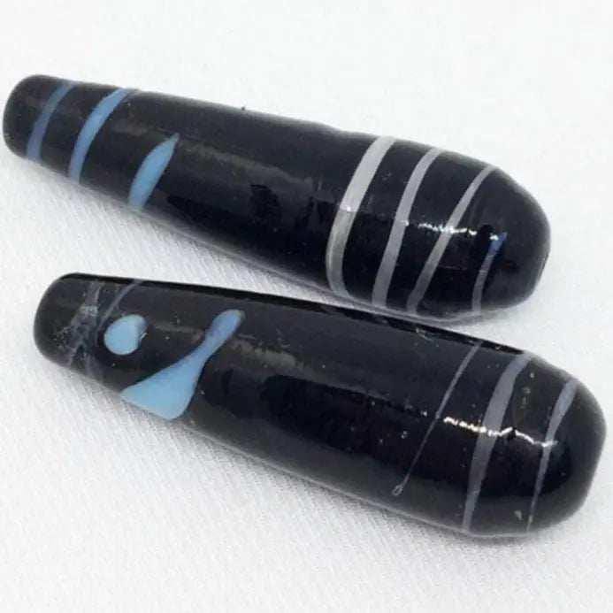 4 Vintage Black Large Teardrop Striped Glass Beads