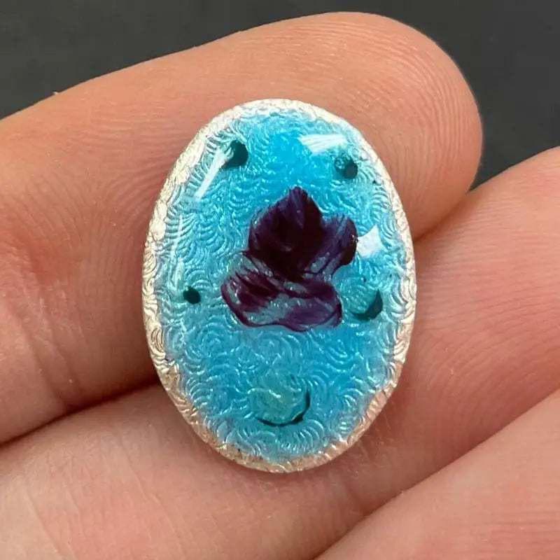 1 Vintage Blue Enameled Rose Oval
