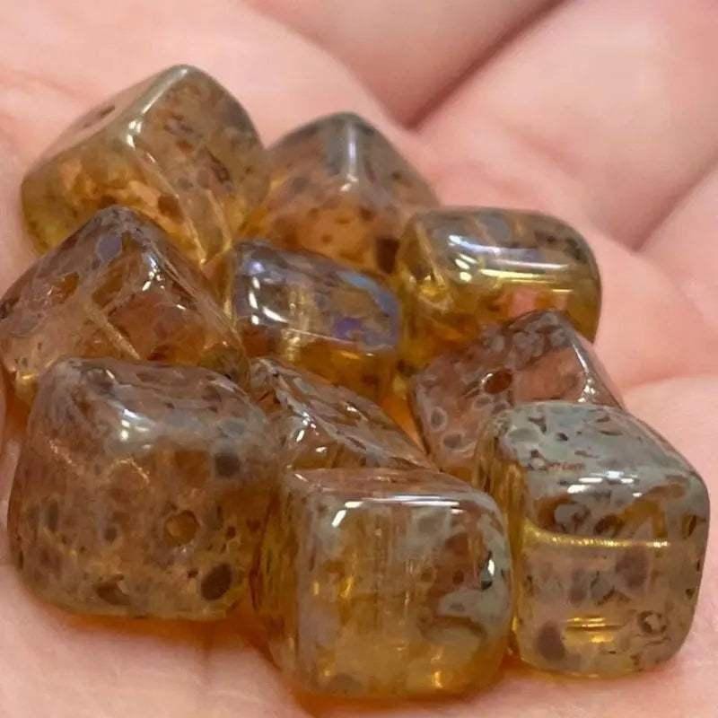 10 Golden Czech Picasso Cube Glass Beads