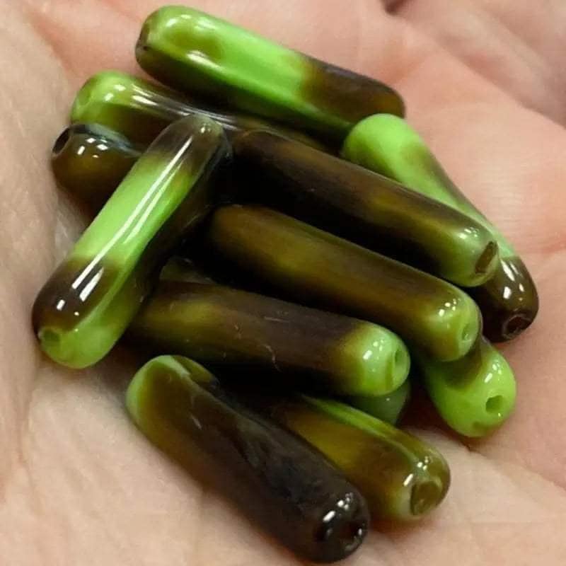 12 Vintage Green Brown Italian Tube Glass Beads
