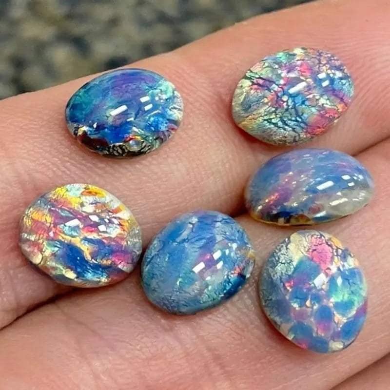 6 Vintage Blue Japan Fire Opal Oval Glass Cabochons