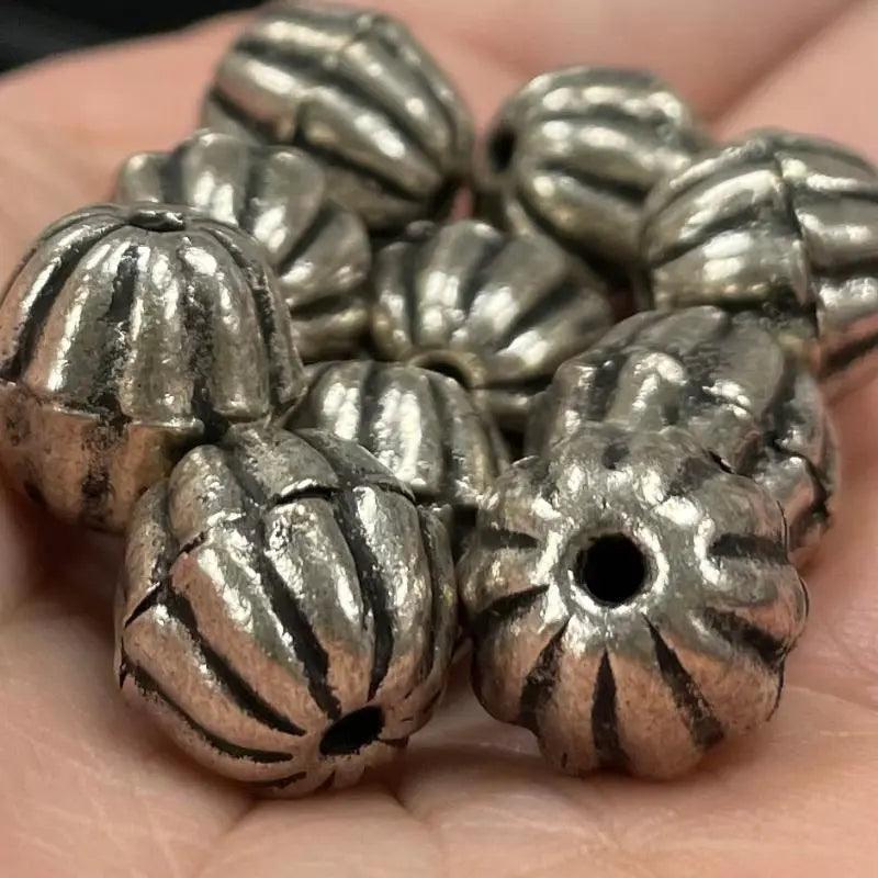 25 Vintage Silver Plated Antiqued Melon Metal Beads