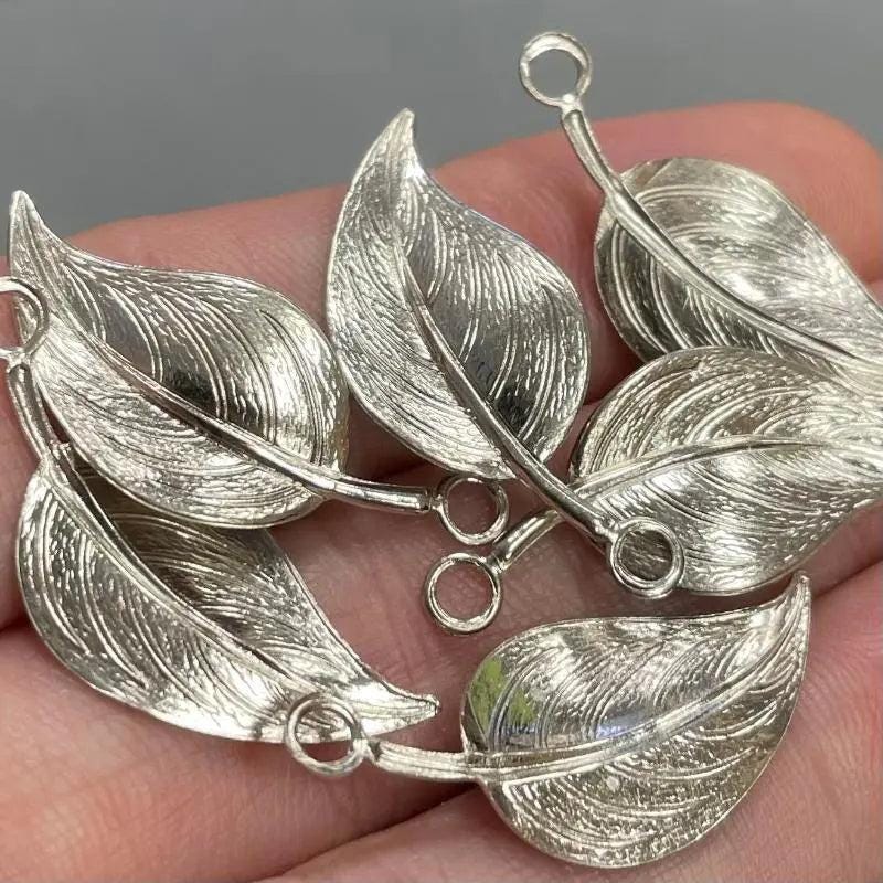 6 Vintage Silver Plated Leaf Charms