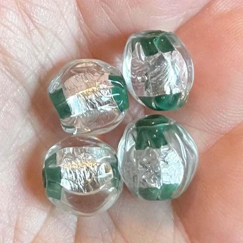 8 Vintage Green Silver Foil Japan Glass Beads