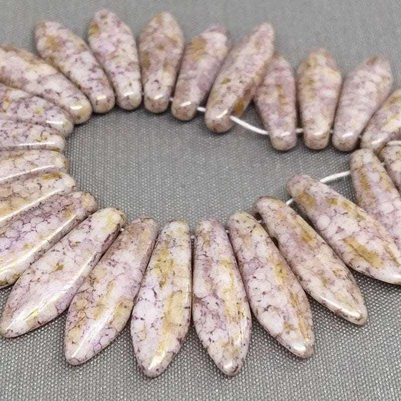 25 Pink Brown Czech Picasso Two Hole Dagger Glass Beads