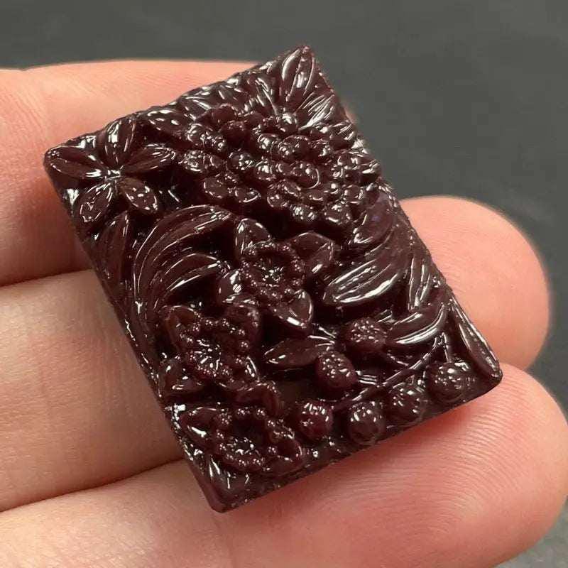 1 Vintage Brownish Red Japan Floral Two Hole Rectangle Glass Bead
