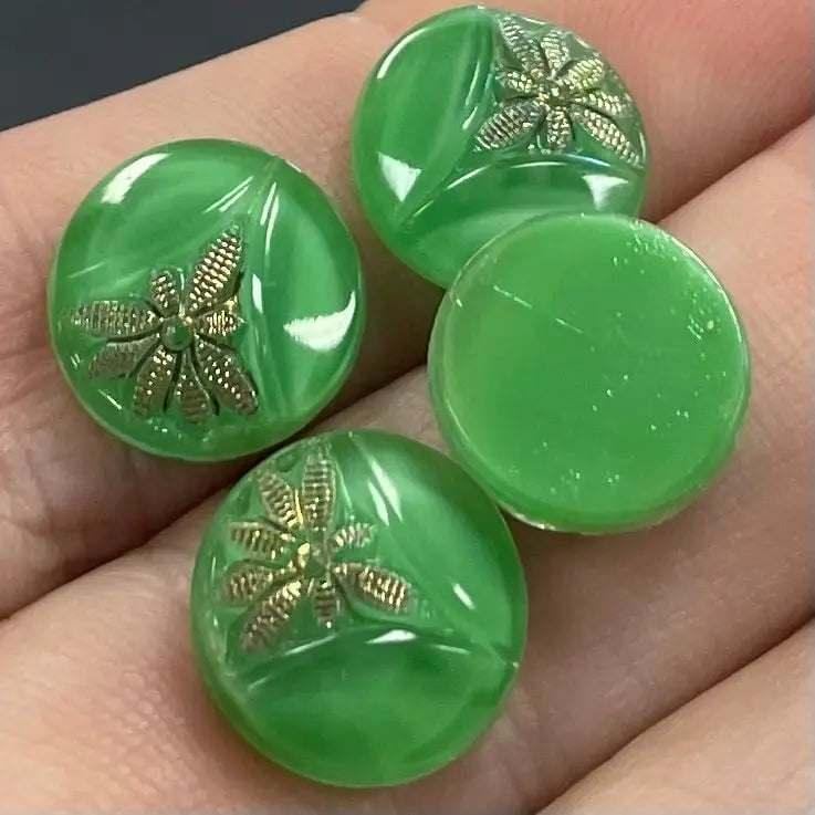 8 Vintage Green Silky Floral Round Glass Cabochons