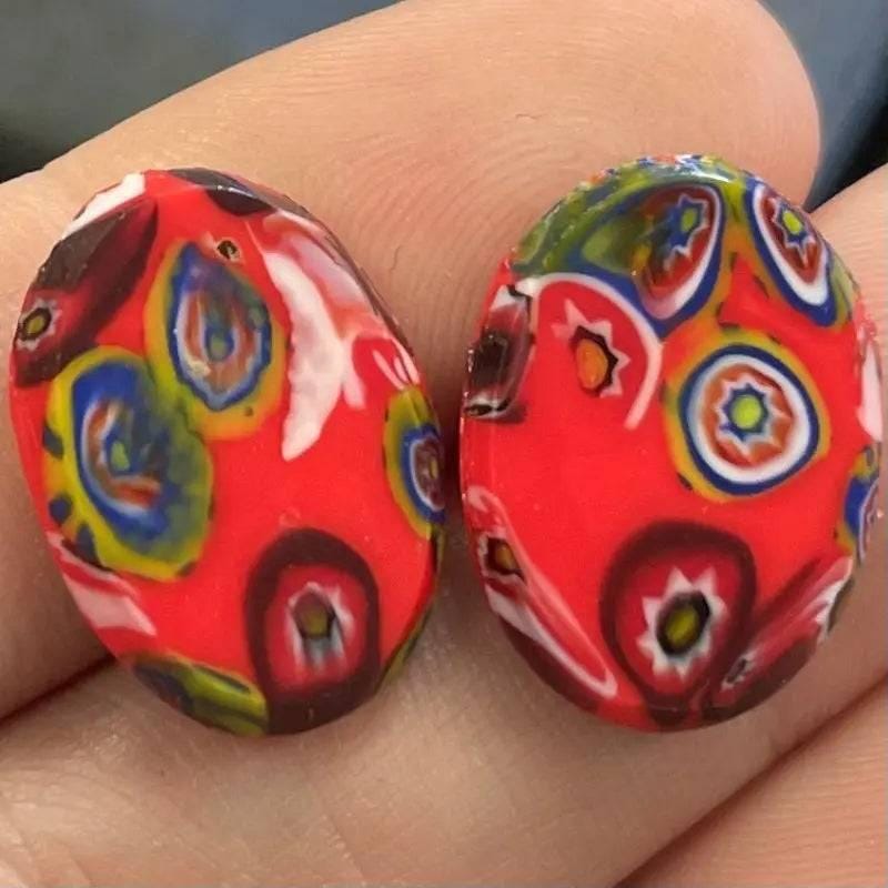 2 Vintage Red Italian Millefiori Oval Glass Cabochons