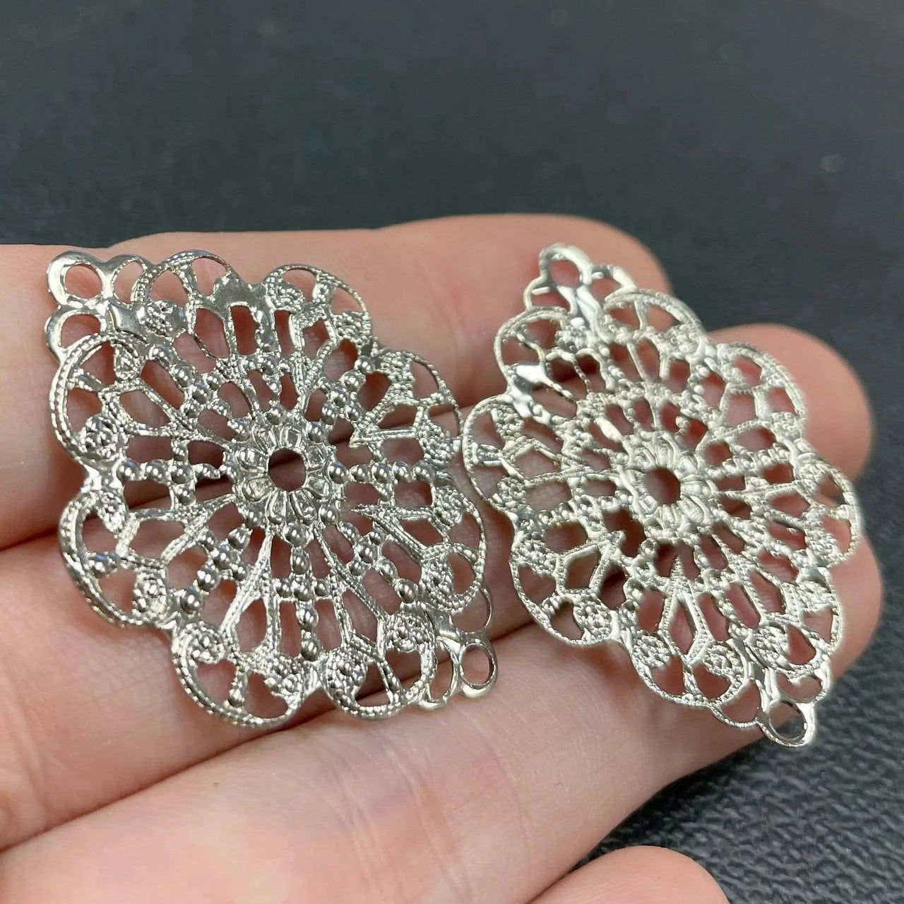 4 Vintage Silver Plated Filigree Large Oval Metal Connectors