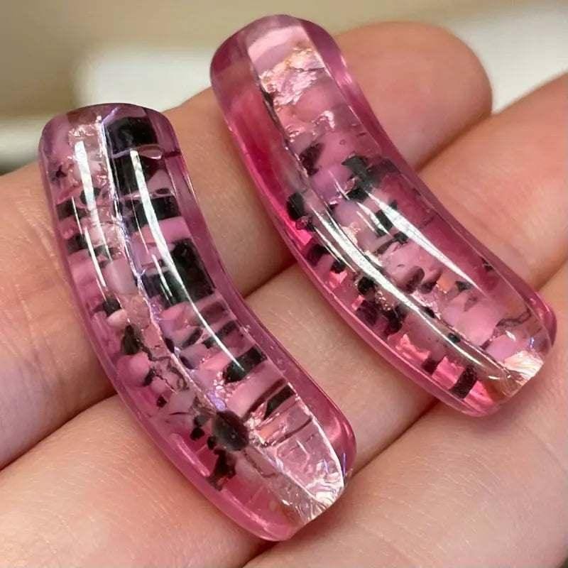 2 Vintage Pink Foil Japan Elbow Glass Beads