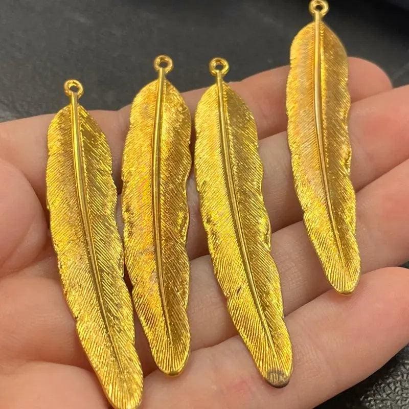 4 Vintage Gold Plated Feather Metal Pendants