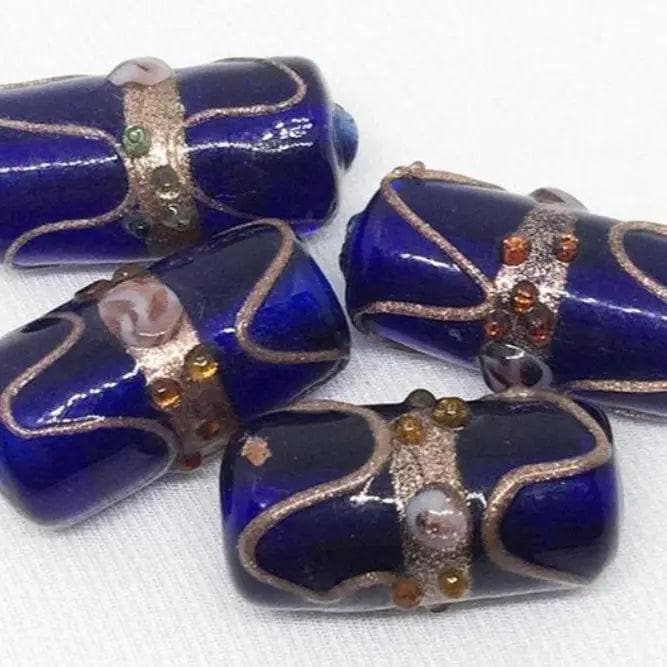 4 Vintage Blue Cobalt Venetian Cylindrical Glass Beads