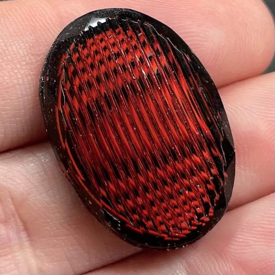 1 Vintage Black Red Fire Oval Glass Cabochon