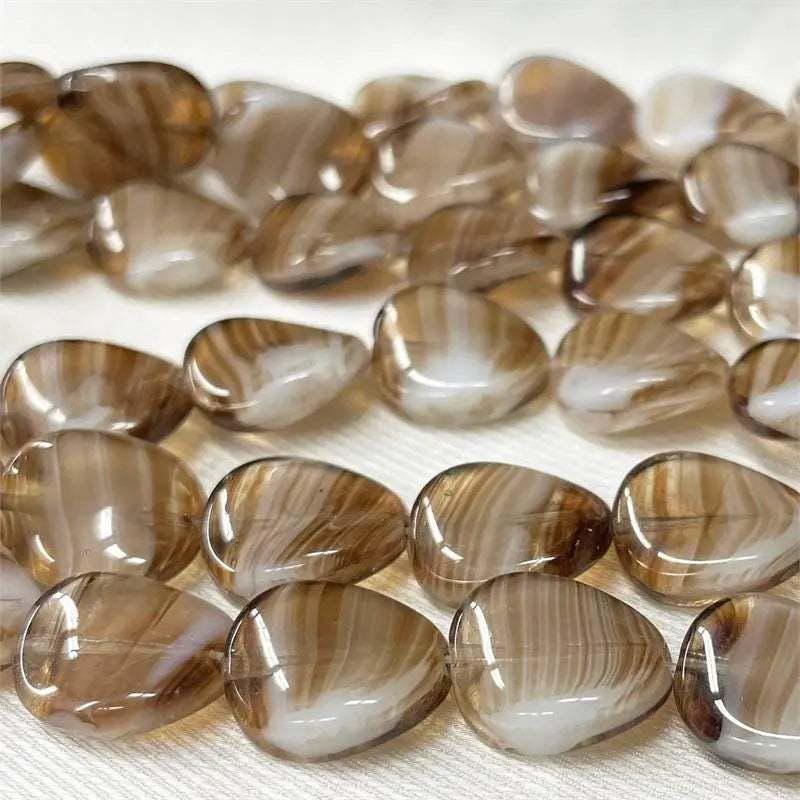 8 Vintage Brown Cream German Striped Wavy Oval Glass Beads