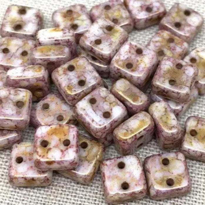 50 Pink Brown Czech Picasso Chexx Square Glass Beads