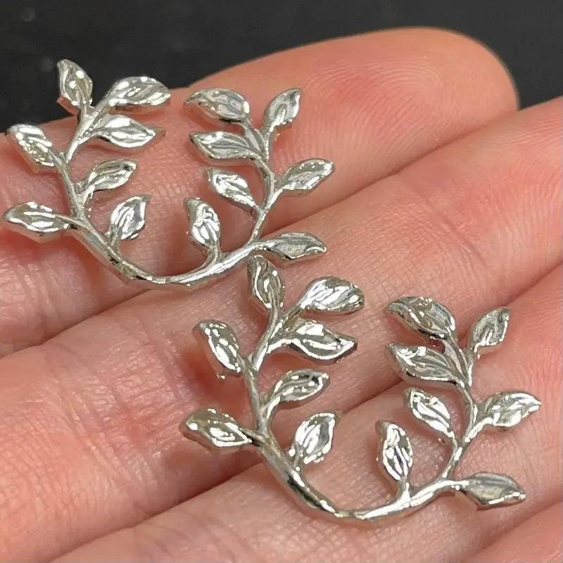 6 Vintage Silver Plated Twin Leaves Metal Stampings