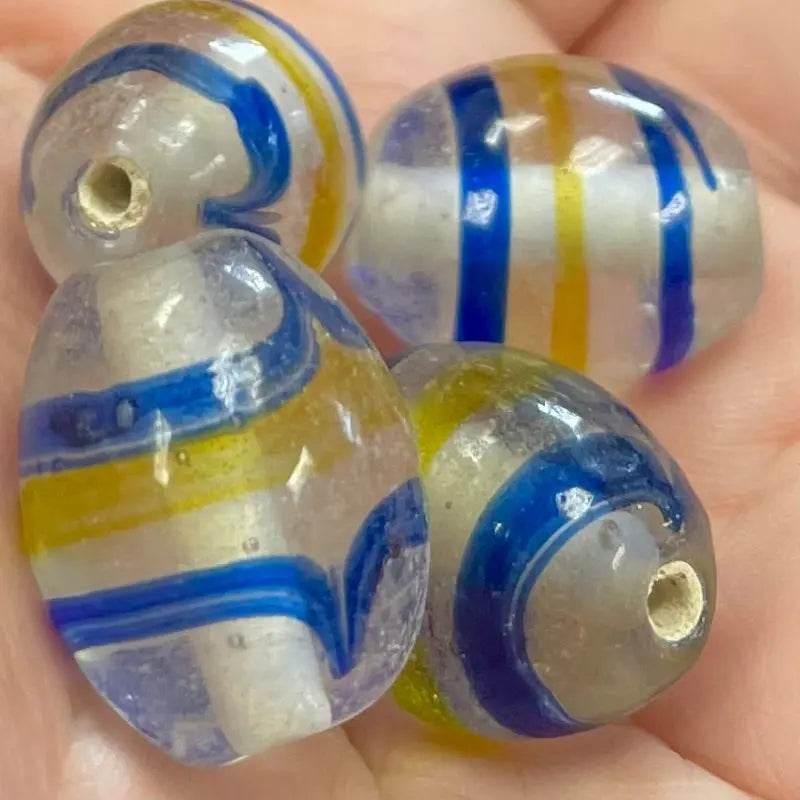 4 Vintage Blue Yellow Clear Striped Glass Beads