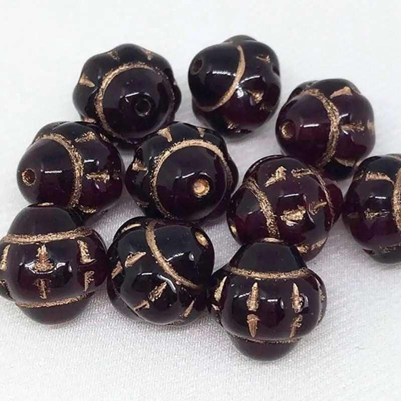 10 Vintage Red Garnet Dark Czech Carved Saturn Glass Beads