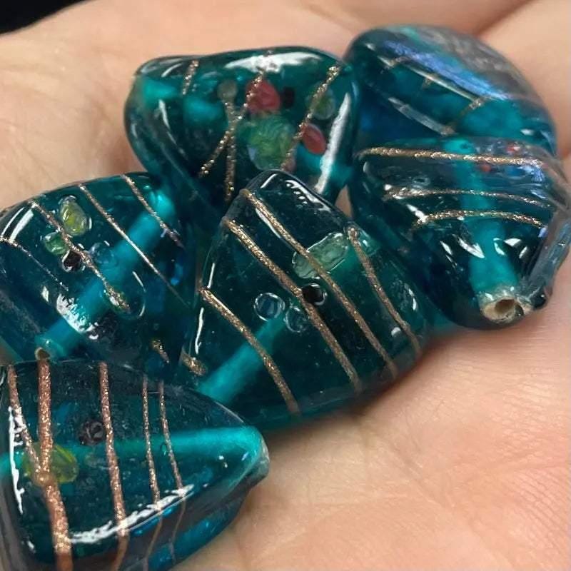 6 Vintage Blue Aqua Green Triangle Glass Beads