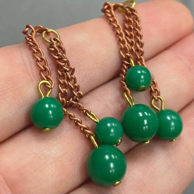4 Vintage Green Copper Chain Japan Bead Drop Charms
