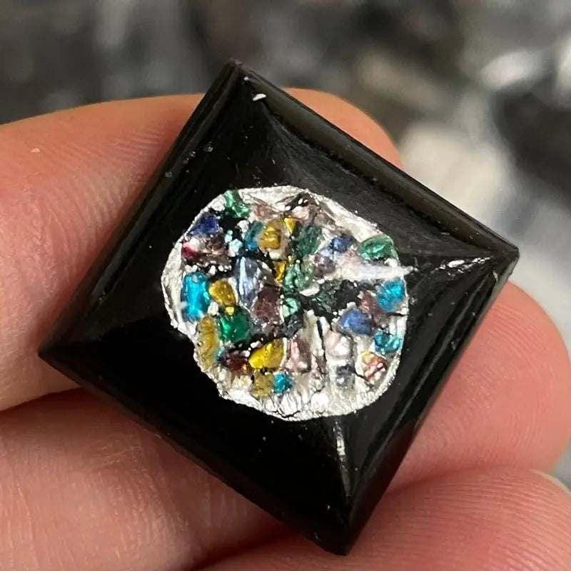 1 Vintage Black Japan Silver Foil Square Glass Cabochon