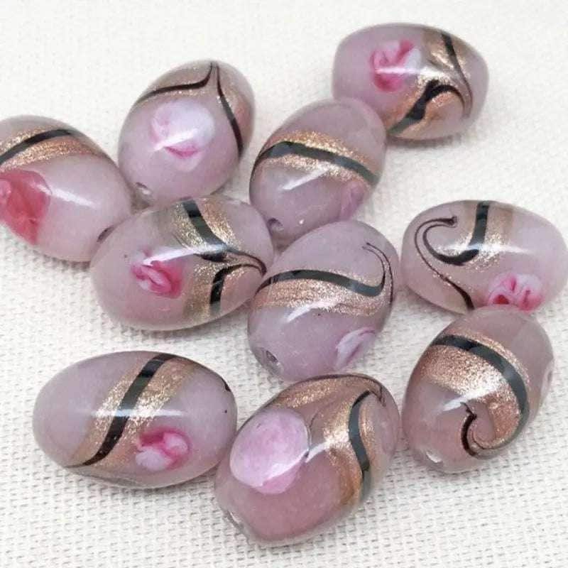 10 Vintage Pink Mauve Abstract Oval Glass Beads