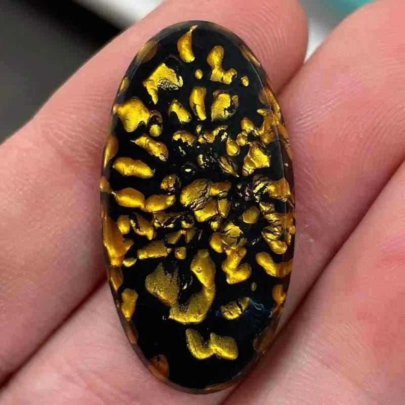 2 Vintage Black Gold Japan Foil Matrix Glass Cabochons