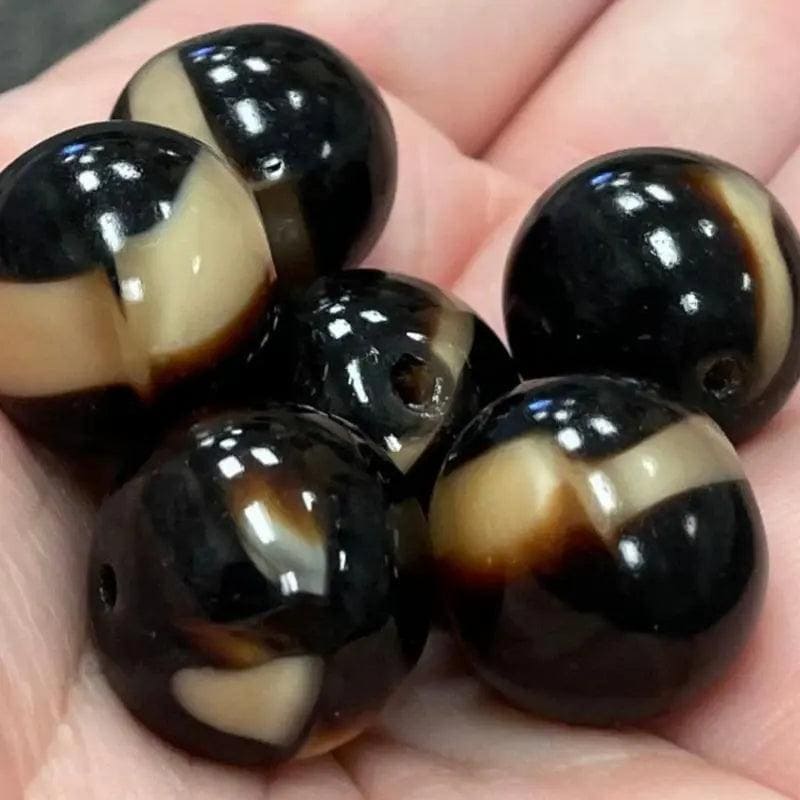 6 Vintage Brown Dark Striped Tan Round Glass Beads