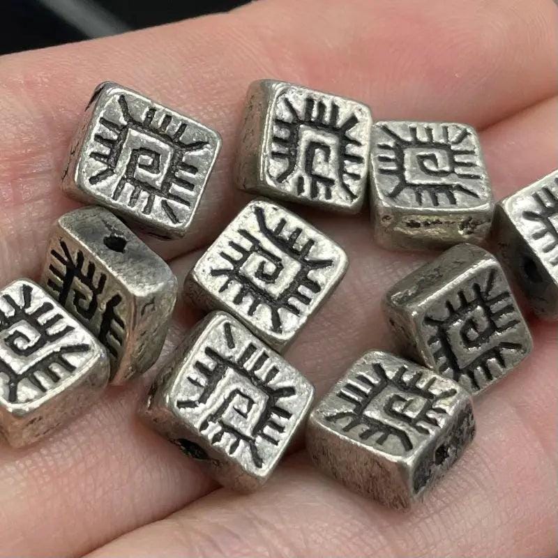 10 Vintage Silver Pewter Etched Square Metal Beads