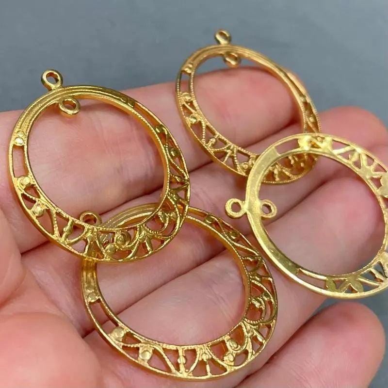 4 Vintage Gold Filigree Hoop Metal Pendants
