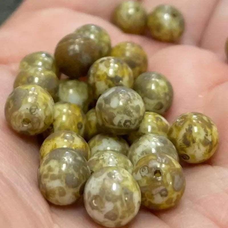 25 Vintage Yellow Golden Brown Picasso Round Glass Beads