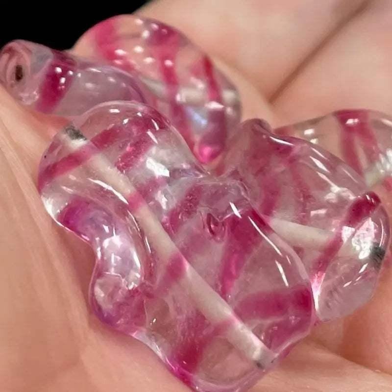 8 Vintage Pink Clear Striped Wavy Focal Glass Beads