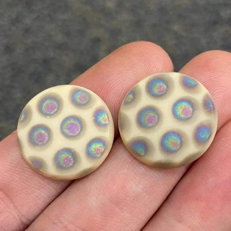 2 Vintage Beige AB Czech Matte Polka Dot Round Cabochons #8150
