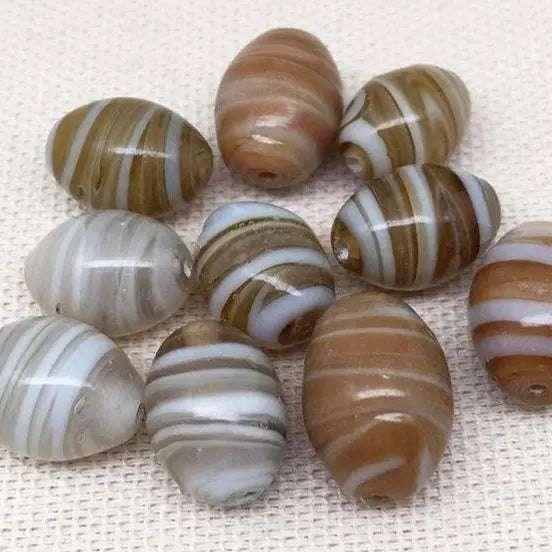 10 Vintage Brown Striped Oval Glass Beads
